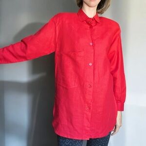 Betty Hanson Vintage 80s Oversized Red Linen Cotton Shirt S